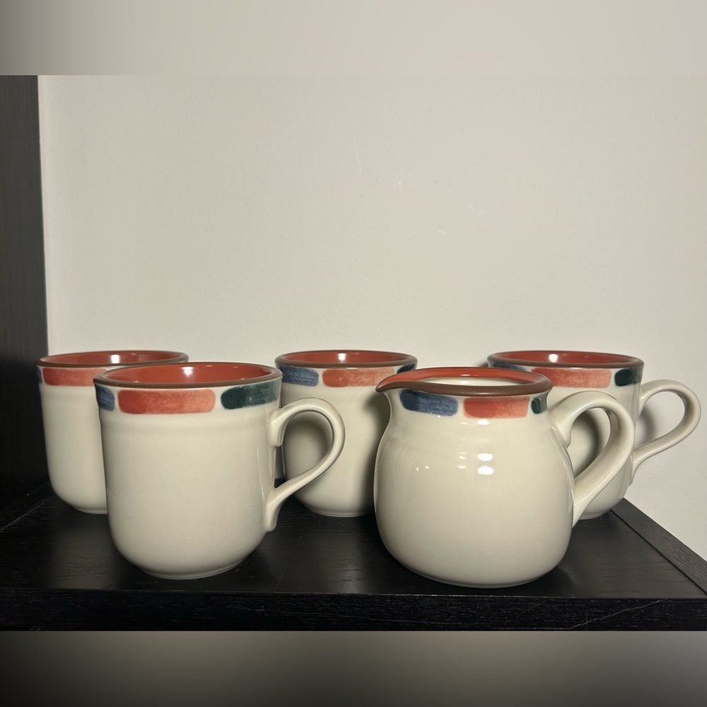 ✨Vintage Noritake Warm Sands Set of 4 Coffee Mugs and Creamer Pitcher 80s/90s